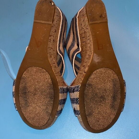 Lucky Brand cork wedge blue/white canvas boho Sz 7.5/8 shoe heel - Picture 6 of 7